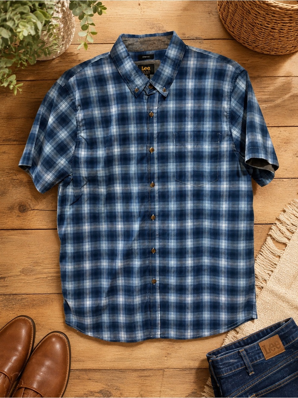 Lee Men’s XL Blue Plaid Stretch Short Sleeve Button-Down Shirt Regular Fit